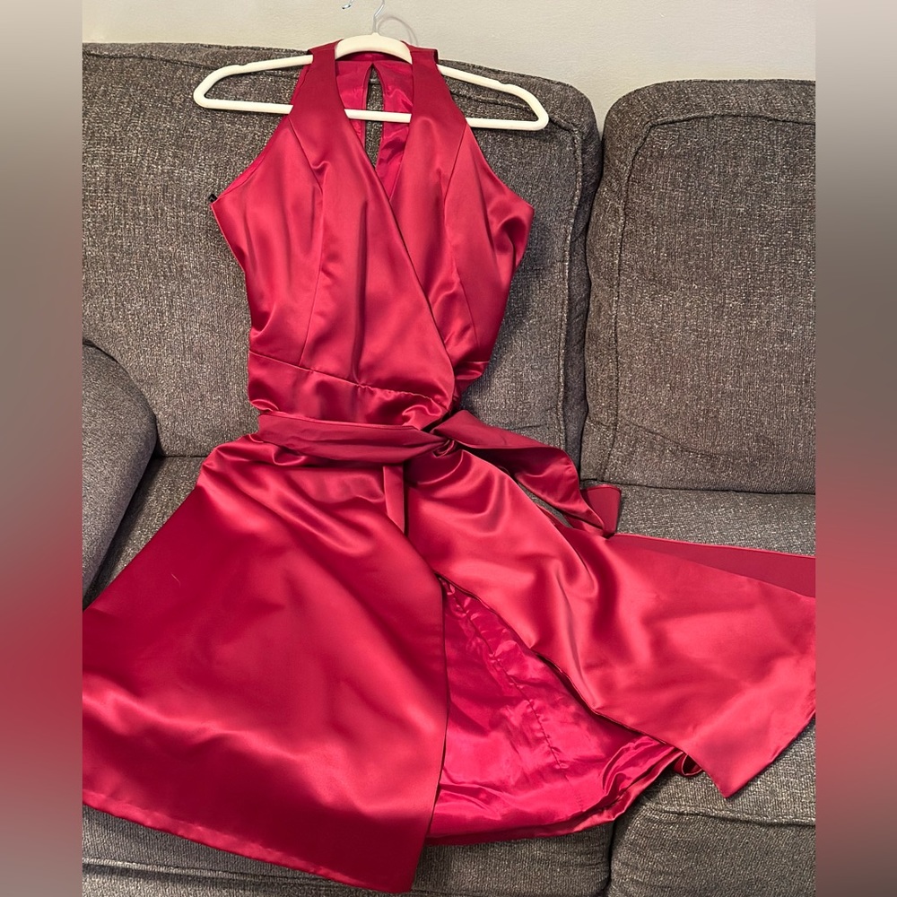 Jim Hjelm Occasions Deep Cranberry NWT Wrap Satin Gown, Size 14